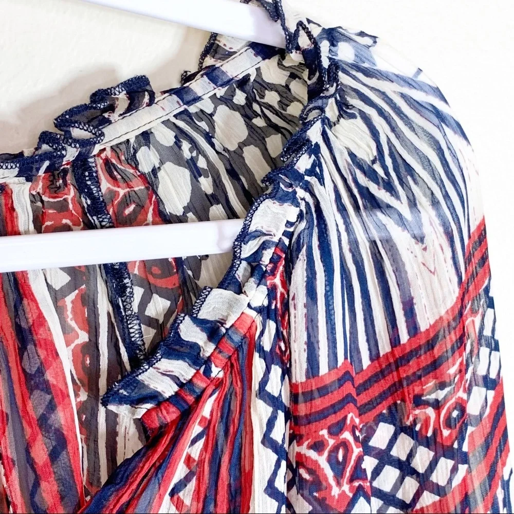 Lucky Brand Red Blue Printed Boho Bohemian Peasant Top Blouse Sheer Tunic Shirt‎